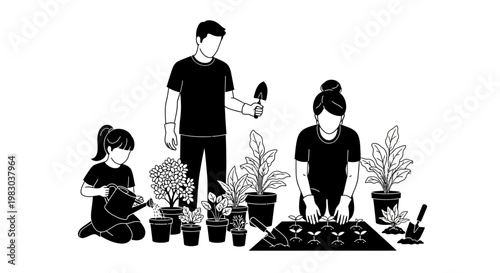 Happy Family Engaged in Outdoor Gardening Activities, Cultivating Plants and Fostering Connection with Nature and Each Other