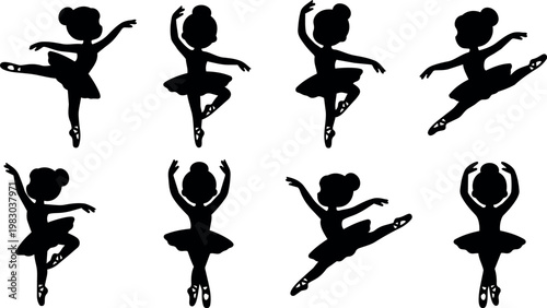 Black and white ballerina dancer silhouette vector art in various poses