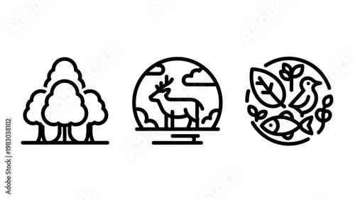 Natural ecology icons representing forests wildlife and biodiversity with wildlife biodiversity environment conservation ecosystem protection sustainability biological preservation outdoors