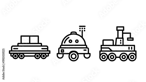 Set of three futuristic rover exploration robots and automated transport machinery icons with transport exploration autonomous automation mechanical engineering research industry technology