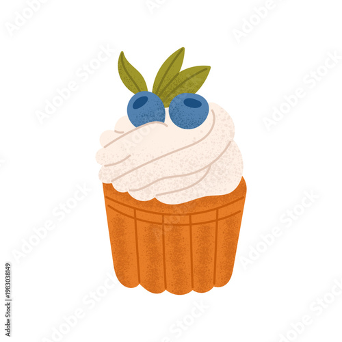 Cupcake with cream and blueberries