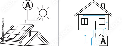 Sustainable house vector illustration featuring solar panels on roof and geothermal heating system with energy efficiency rating icons