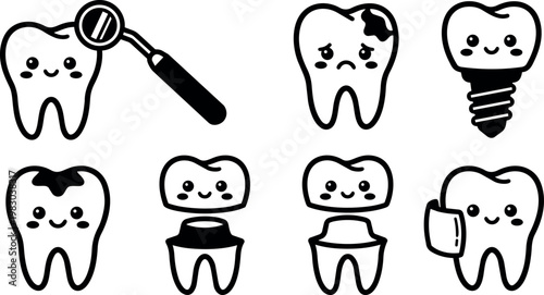 Black and white cute tooth icons with dental tool decay implant crown and bandage vector art