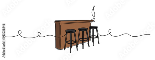 Bar counter with stools standing empty in minimal interior line art