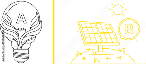 Sustainability comparison vector illustration with eco light bulb and solar panel icons for green energy concepts