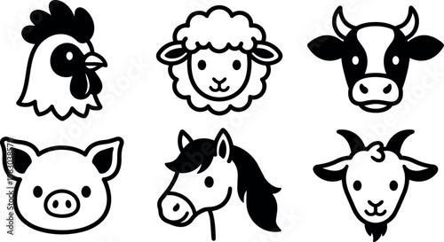 Black and white farm animal icons rooster sheep cow pig horse goat heads