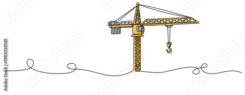 Tower crane standing idle on plain white background line drawing