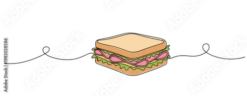 Sandwich layered with fillings on white continuous line