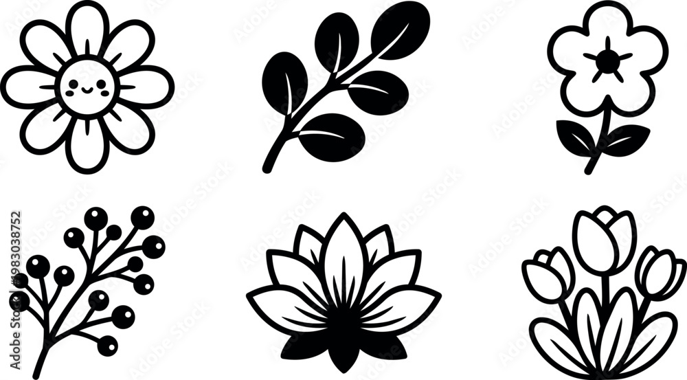 Obraz premium Black and white floral icons with smiling daisy berries lotus and tulips