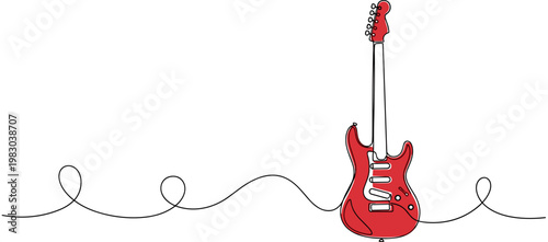 Electric guitar standing connected by continuous line illustration