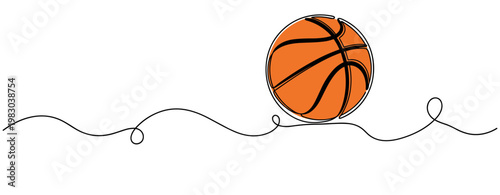Basketball resting on continuous line over white minimal background