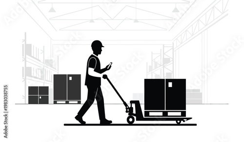 A worker utilizes a pallet jack while checking a mobile device within a large industrial warehouse setting silhouette high quality professional detailed modern elegant