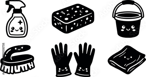 Cleaning tools with happy faces sponge bucket gloves brush and spray bottle black and white vector art
