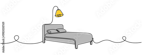 Bed with bedside lamp in simple bedroom line illustration