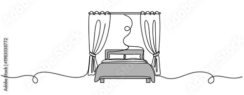 Canopy bed drawn in continuous line inside bedroom scene