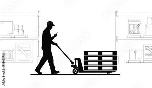 A worker pushing a loaded pallet jack through a warehouse depicted in a stark black silhouette against a white backdrop silhouette high quality professional