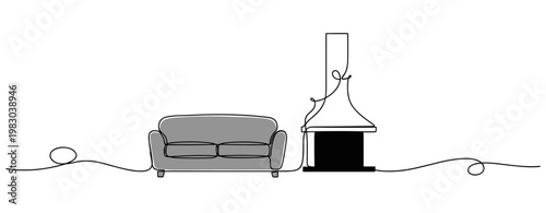 Sofa and fireplace depicted on continuous line interior scene
