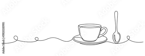 Cup and saucer with spoon placed on continuous line composition
