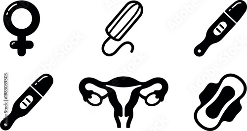 Black and white symbols of female health uterus thermometer and menstrual hygiene items flat design