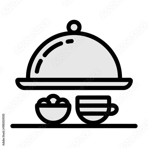 Vector of a covered serving dish with a bowl and cup on a tray