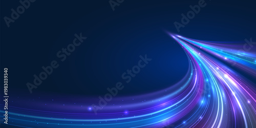 Futuristic technology background with glowing blue, cyan, and purple light trails. Dynamic curved lines with copy space, ideal for business, presentation, and digital design. Vector EPS10.