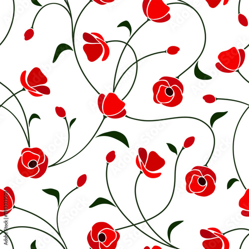 Seamless floral pattern with small red poppy flowers. Vector floral print
