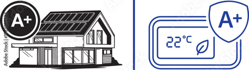 Energy efficient house with solar panels and smart thermostat vector illustration for sustainable living and green home technology