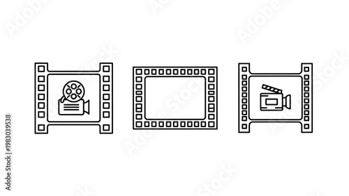 Film reels with camera and film strip icons line art motion picture design element graphic resource illustration entertainment production filmmaking projector creative storytelling