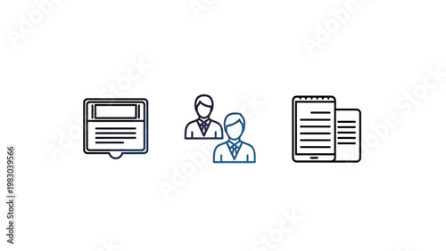 Icons illustrating digital data on a screen two businessmen a tablet with server racks business technology management corporate information computer analytics strategy workflow