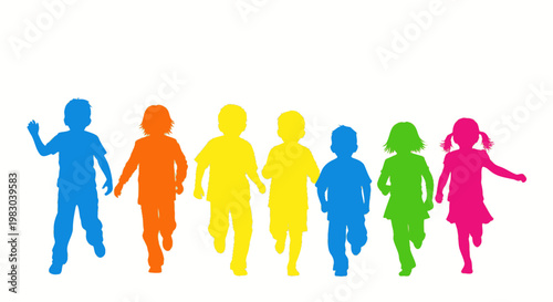 Colorful silhouettes of happy children running and playing.