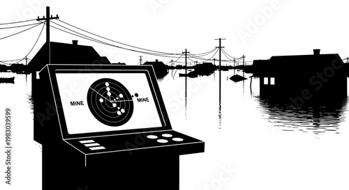 Flood disaster radar screen showing waves and houses in submerged town