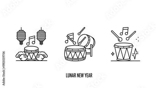 Lunar new year drum icons: lanterns music notes festive drums with holiday season party music traditional music asian culture spring festival lanterns celebration tradition performance