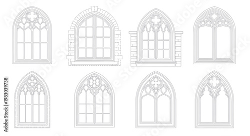 Set of Gothic Medieval Window Designs Line Art Vector Illustration