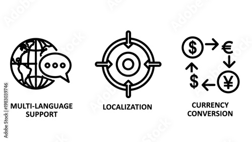 Multi-language support localization currency conversion icons with speech bubble localization currency conversion translation communication exchange crosshair business technology connection