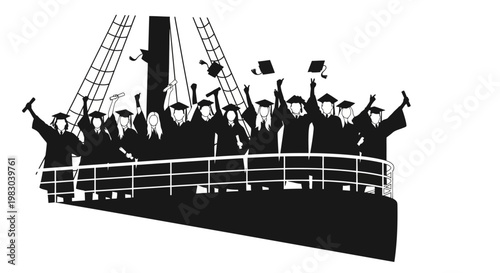 Graduation Celebration on a Ship Deck: Graduates Toss Caps in Joyful Departure