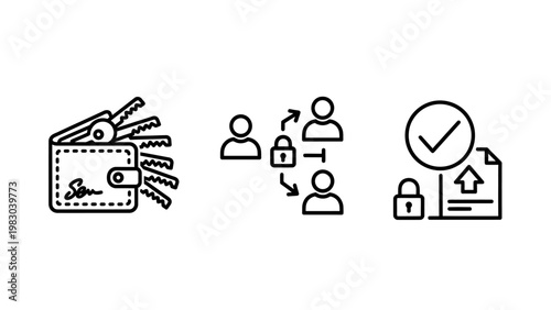 Wallet with keys data transfer between people secure document upload icons signature security document permission business technology blockchain identity protection authentication