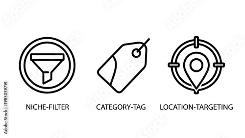 Marketing icons for niche filter category tag location targeting with line art market research marketing category location targeting illustration audience advertising business strategy