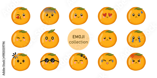 Kawaii Orange Emoji Set, Cute Mandarin Fruit Characters with Various Emotions