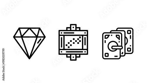 Icons of a diamond a wooden crate with pixels playing cards line art illustration treasure container transport collection minimalist gambling card game abstract geometric