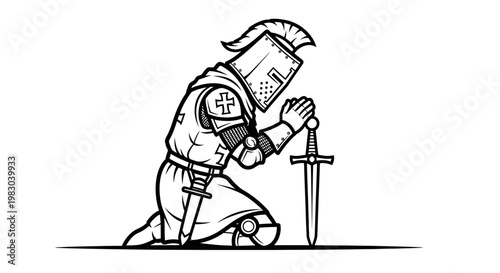 Knight Kneeling in Prayer, Holding Sword, Medieval Warrior Praying
