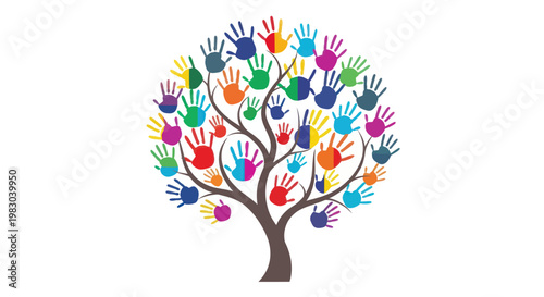 Colorful handprint tree representing diversity and community inclusion