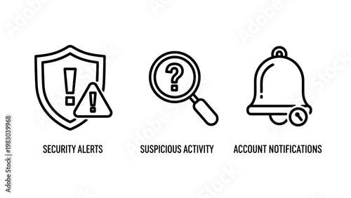 Security icons for alerts suspicious activity account notifications with alert icon security system notification icon alert sign warning sign security suspicious activity notification