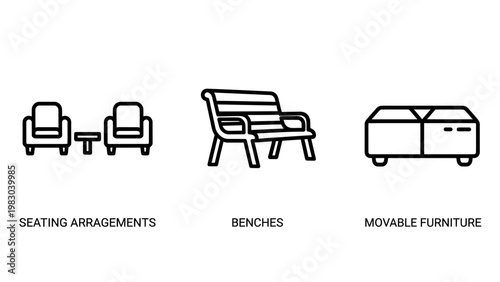 Outdoor furniture icons set with seating arrangement bench ottoman line art furniture icon furniture arrangement illustration collection exterior decoration relaxation minimalist