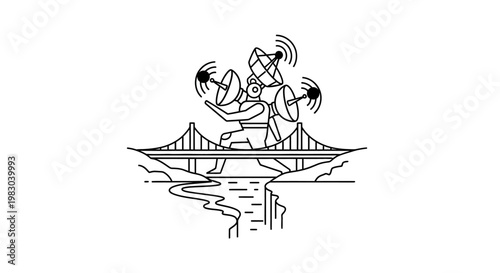 Man juggling satellite dishes on bridge over river, representing communication and technology