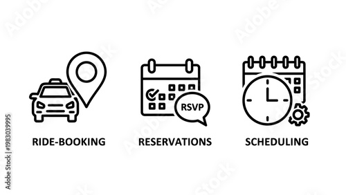 Ride booking icon with car and map pin reservations rsvp icon scheduling icon with clock graphic resources web icon app icon location reservations calendar appointment scheduling
