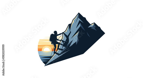 Silhouette of an extreme mountain climber ascending a steep peak at sunset.