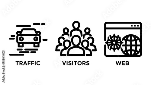 Web traffic and visitors icons with traffic car and browser window visitors internet transport analysis marketing statistics analytics business illustration pageview performance connection