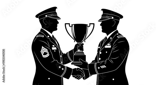 Military Award Ceremony: Two Officers Exchange Trophy in Silhouette