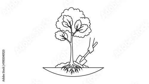 Tree planting icon with roots and shovel for environmental growth planting environment gardening conservation illustration agriculture horticulture reforestation sustainability outdoors