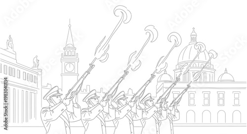 Military Band Trumpeters in Uniform Playing Fanfare Trumpets with Cityscape Background